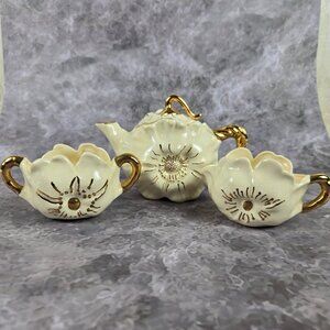 Vintage Bauer 3 Piece Set Teapot, Sugar Bowl, Creamer Cream Gold Poppy Flower